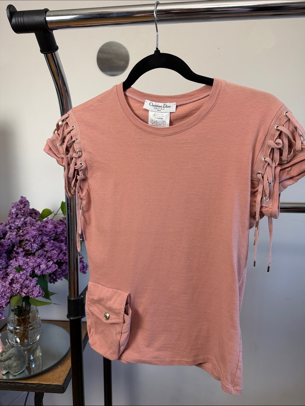 Christian Dior Boutique Galliano Era Lace-Up Sleeve Pink Top Size US 8
